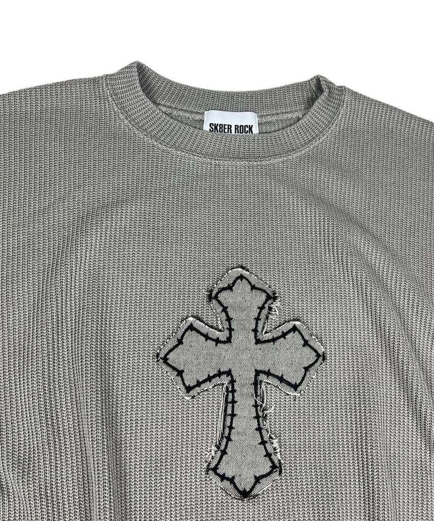 SK8ER ROCK Classic Cross Pigment Oversized Knit ((Gray))