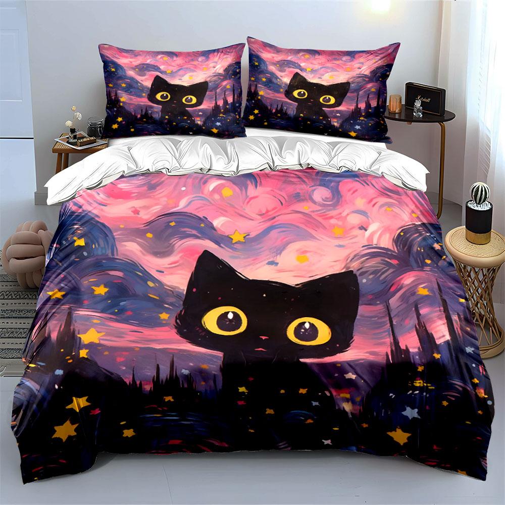 Starry Night Cat Art Set Multiple Sizes Kid'S And Adults' Bedroom Exquisite 3Pc Bedding Set, Gift