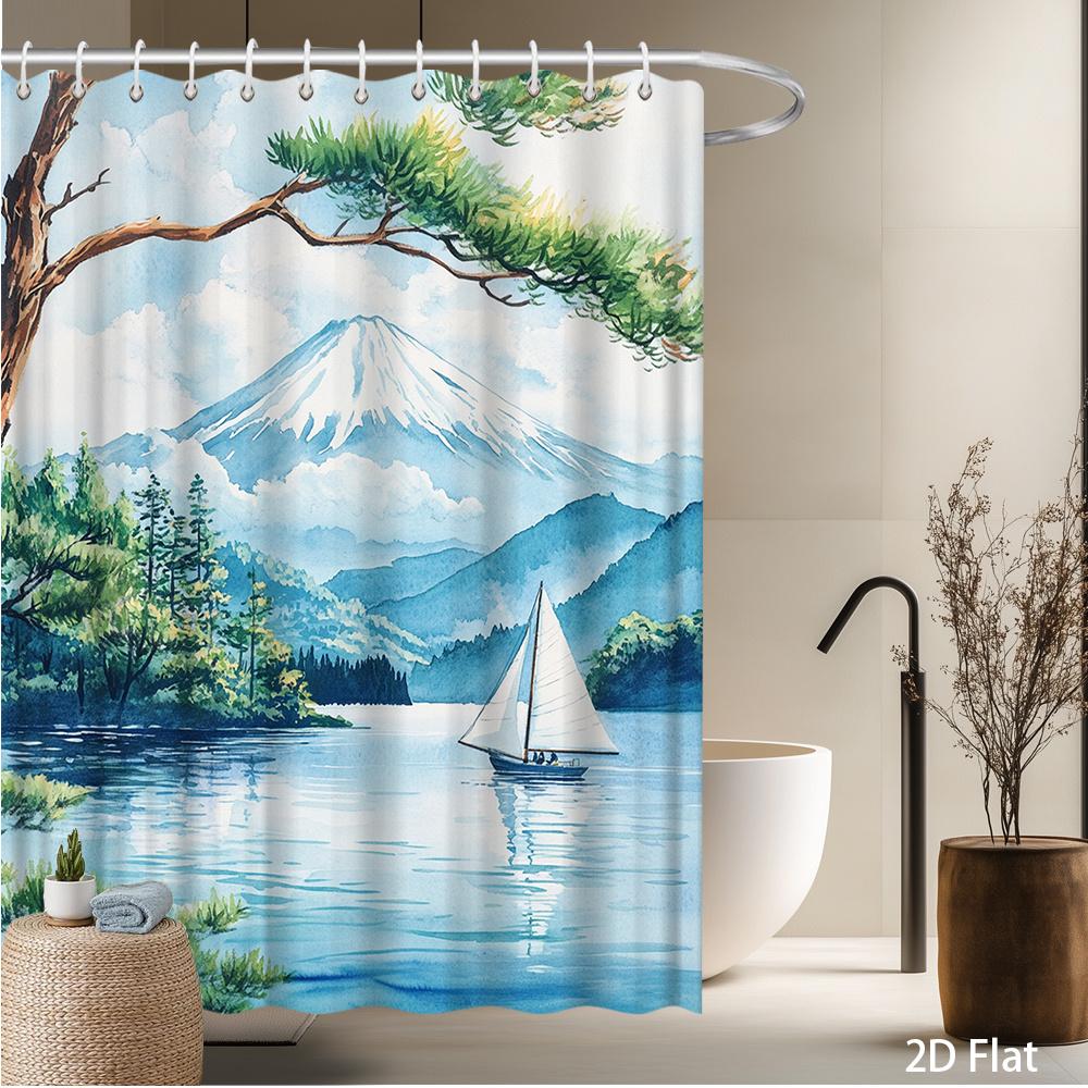 

Mount Fuji & Lake Shower Curtain – Watercolor Sailboat, Pine Trees, 2D Flat, Multiple Sizes, Includes Hooks W60H190(CM)-1 Pcs