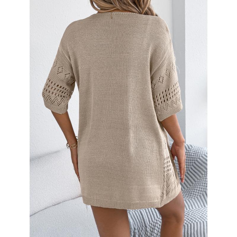 Women Solid Hollow Out Five Quarter Sleeve Knit Open Cardigan Casual Vacation Thin Outerwear