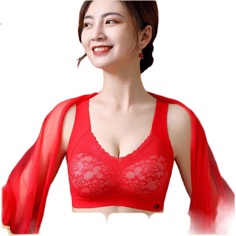 LANGSHA Women's Red Underwear for Zodiac Year, Qi Ji Red Wedding Wireless Bra, Push-Up Shaping, Anti-Sagging, Seamless Bra