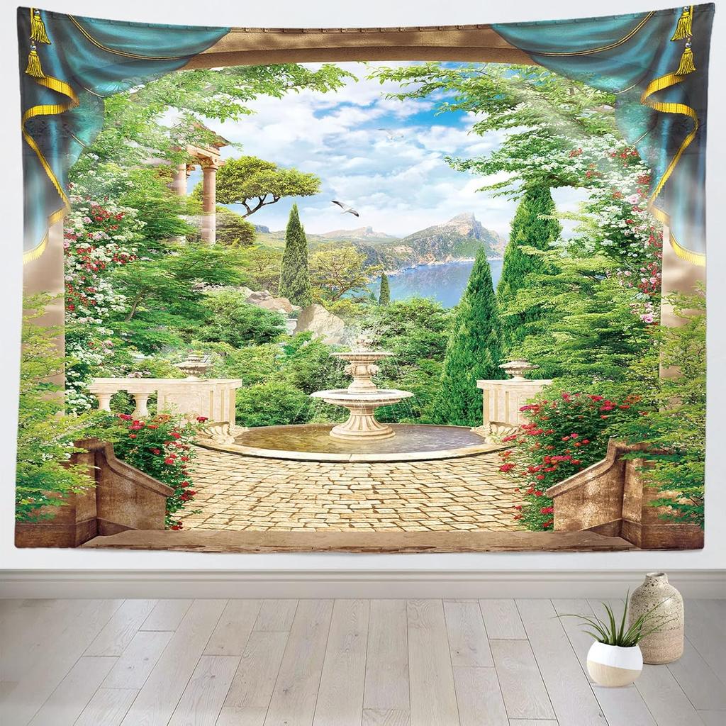 European Palace Garden Tapestry Hanging Fairy Castle Mountain Waterfalls Nature Tapestry Vintage Columns Floral Arch Scenery