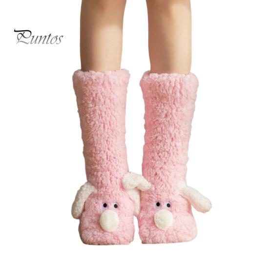 1 Pair Adult Winter Floor Socks Cartoon Dog Design Thickened Plush Double Warmth Anti-slip Long Socks Holiday Gift