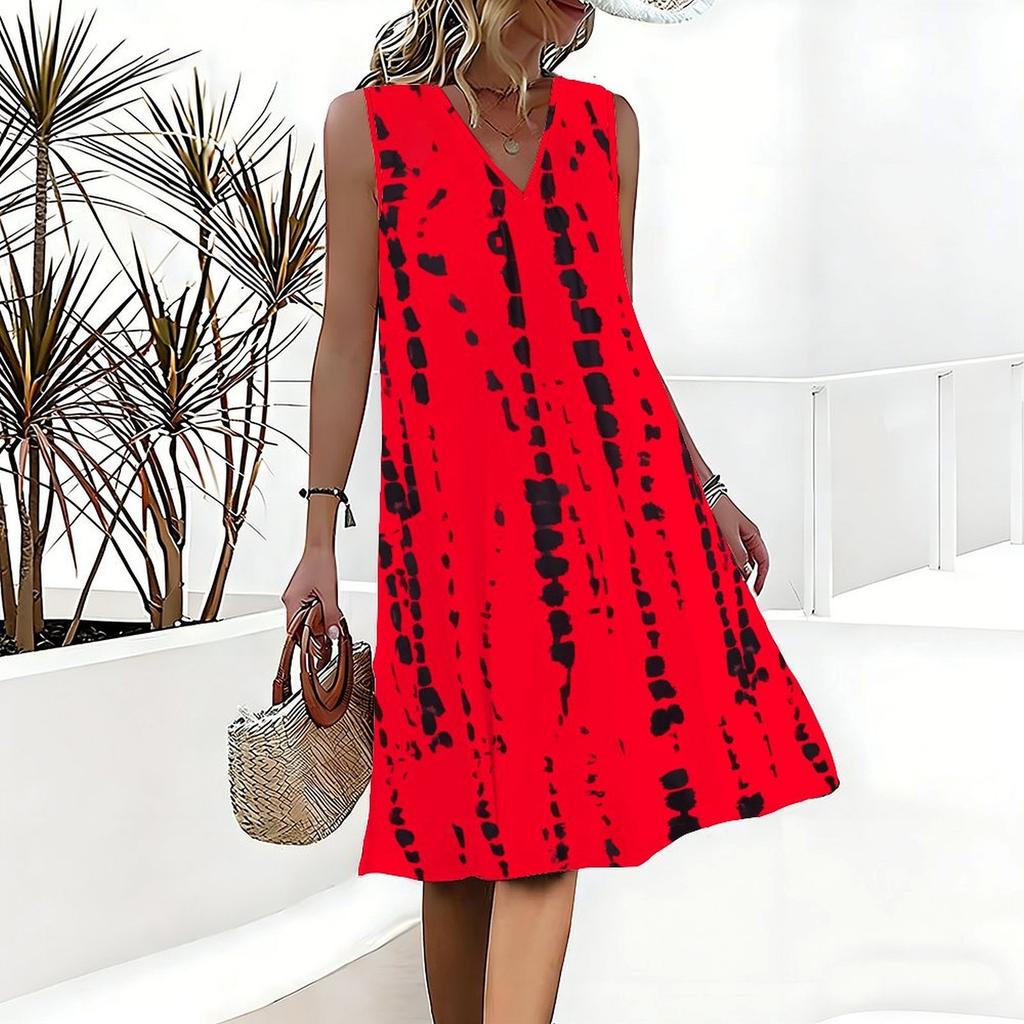 Plus Size V Neck Sleeveless Dress Watercolor Cherry Blossom Print For Spring Scenic Spot Tour