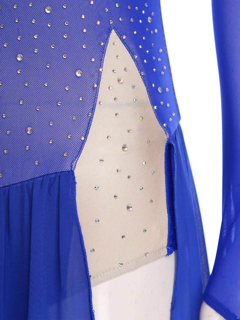 Vestido de Danza Lírica para Mujer con Pedrería Brillante, Manga Larga, Diseño sin Espalda, Chifón, Bajo con Abertura, Leotardo de Una Pieza