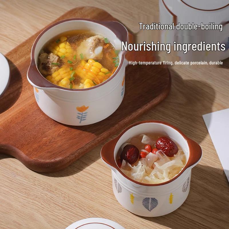 Double-Eared Insulated Ceramic Stewing Pot with Lid for Soups and Egg Custard