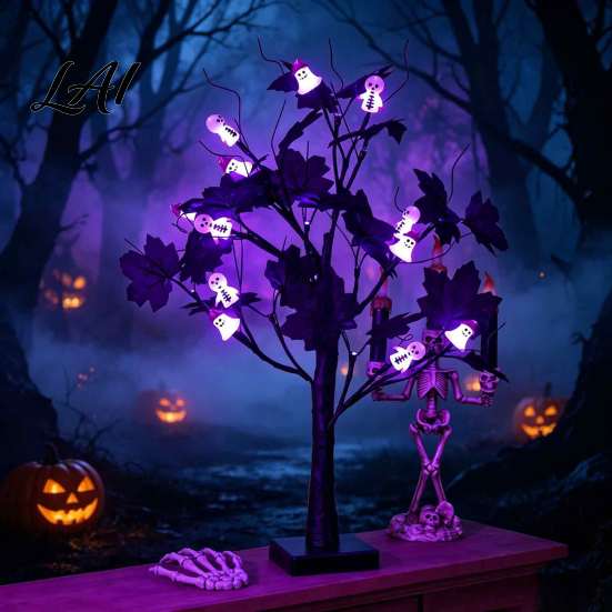 Harvest Festival Party Ornaments Halloween Maple Leaf Artificial Tree Light 12 LED Glowing Eyeballs/Ghost Battery Powered Seasonal Decorative
