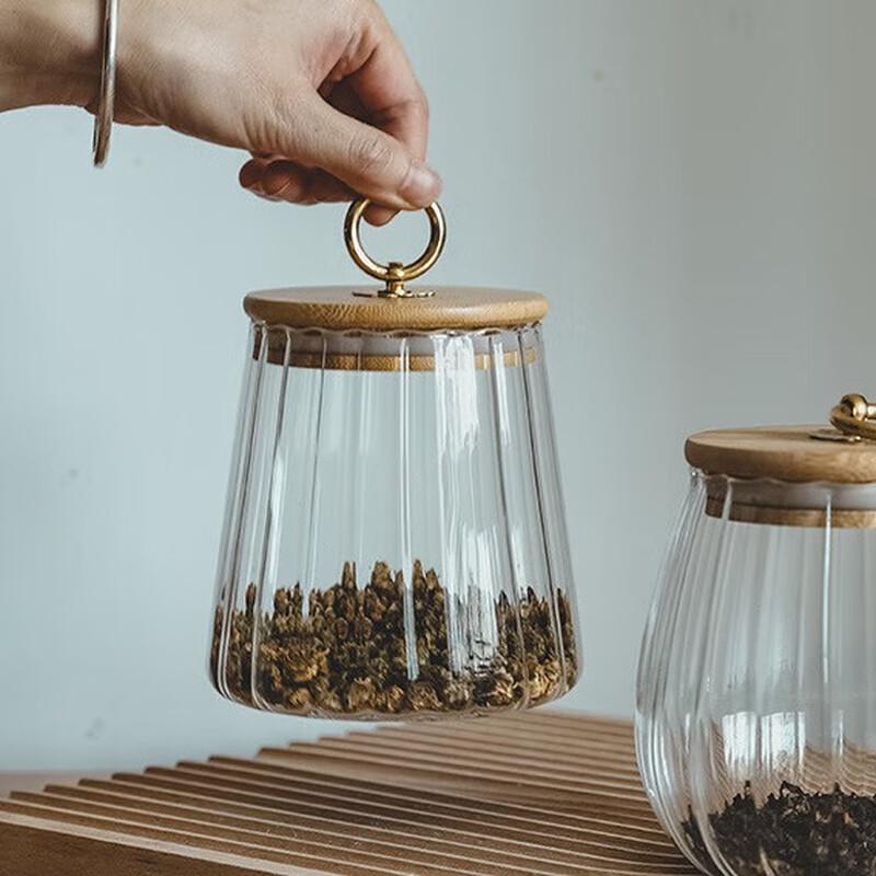 Glass Storage Jar with Bamboo Lid and Copper Handle 620ml Conical