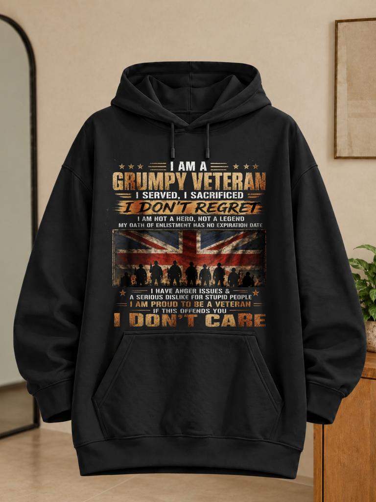 Unisex Hoodie I Am a Grumpy I Served I Sacrificed I Don'T Care with Union Jack Soldier Silhouettes And Grunge Text Graphic