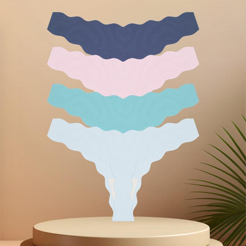 4 Stück Nahtlose Damen-Tangas Sexy Eisseide Wellengürtel Höschen Niedrige Taille Unsichtbarer G-String Dehnbarer T-Rücken Atmungsaktive Lingerie