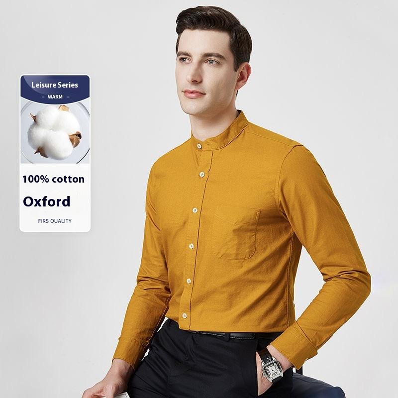 Cozy Up  Men's Banded Collar Shirts Wrinkle Free Long Sleeve Mandarin Collar Button Down Shirt