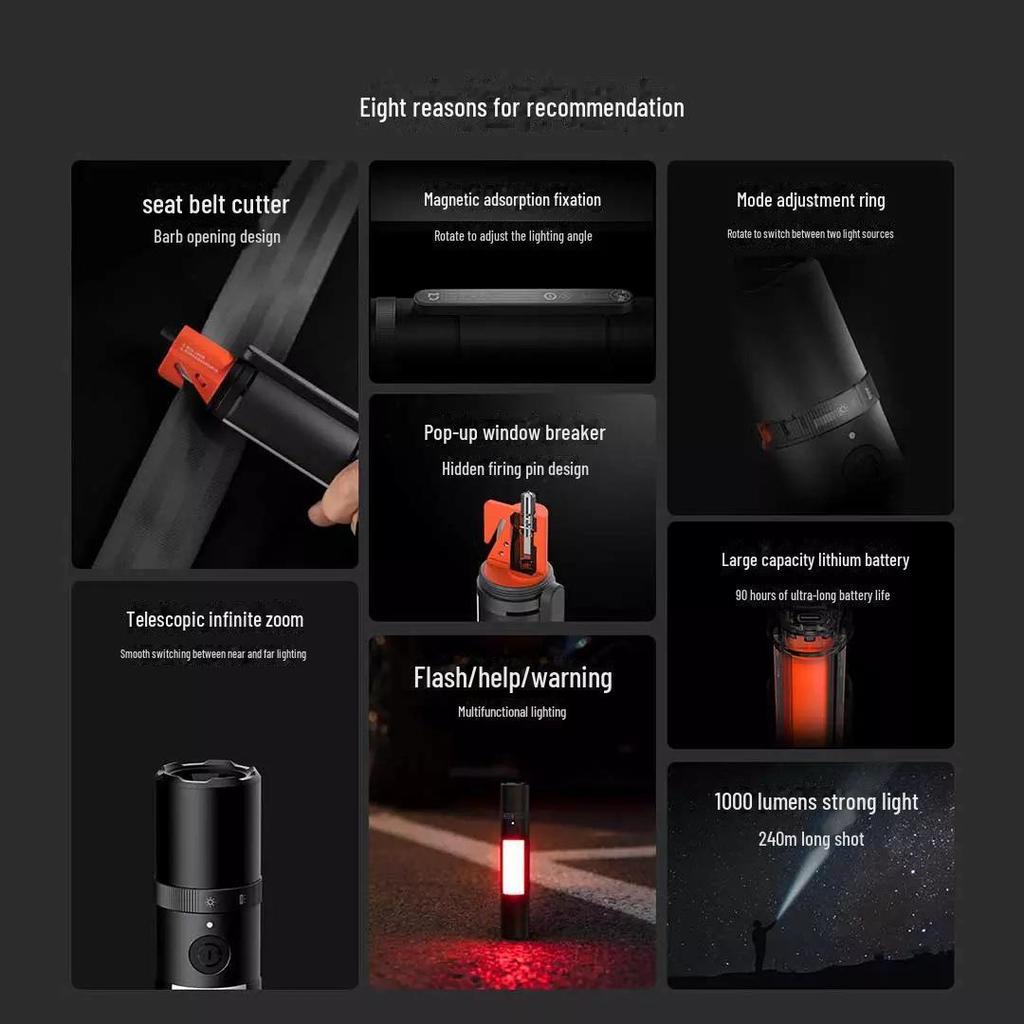 Xiaomi Mijia Multi-Function Rechargeable Flashlight: Portable, Long-Range, Strong Light, Safety Cutter, Ideal for Night Fishing and Outdoor Use