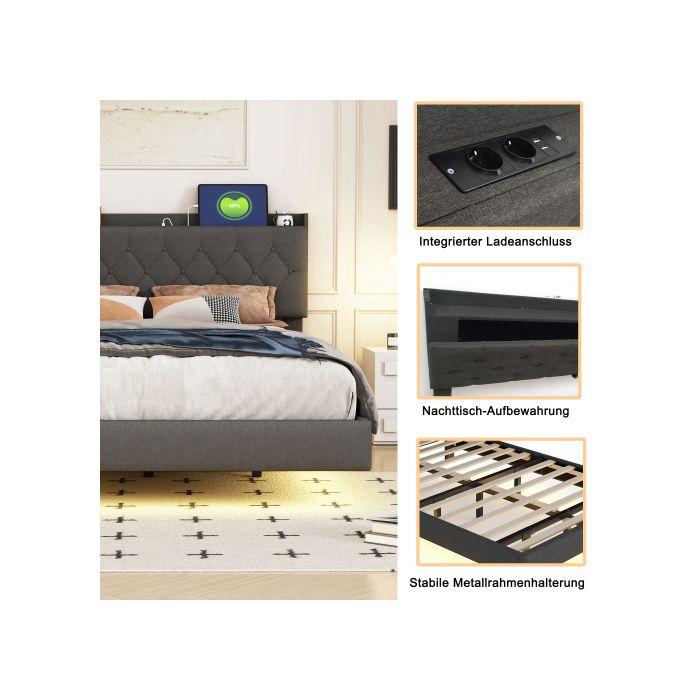 Lit Rembourré 160*200 Cm, Avec Prise De Charge USB Et Bande LED À Couleur Changeante, Tissu En Lin Doux Pour La Peau