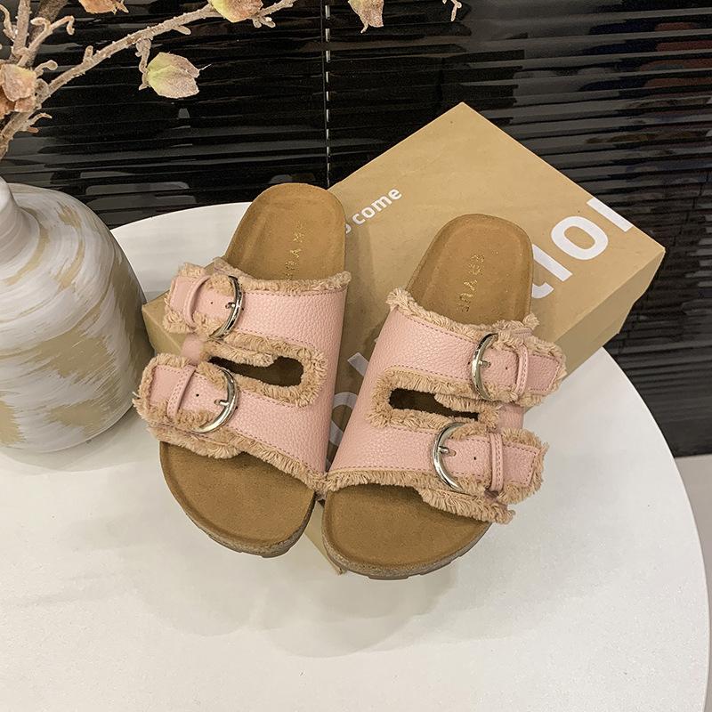 2025 Summer New Fashion Denim Belt Buckle Thick Sole Outer Wear Flat Beach Cool Slippers Women's Shoes