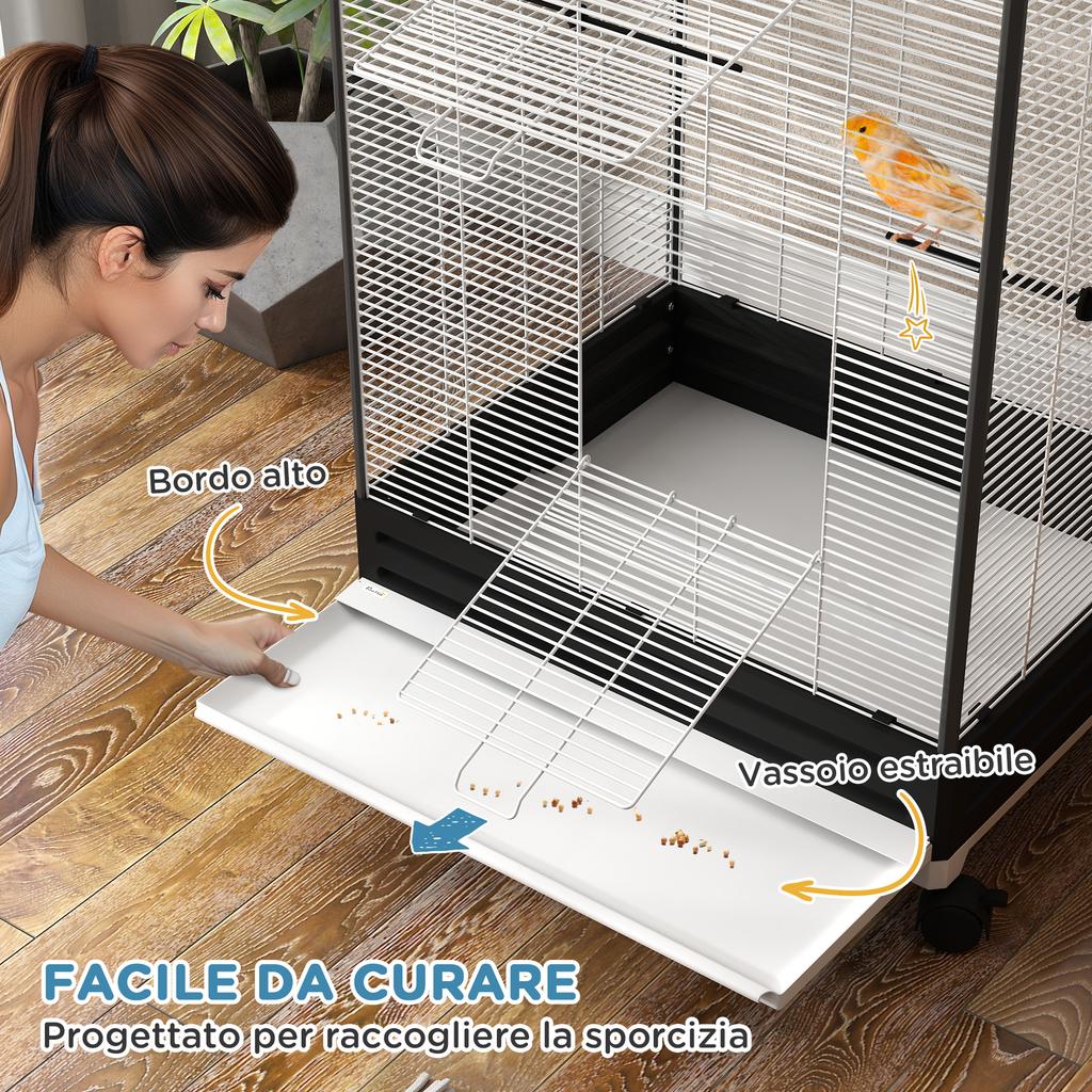 Bird Cage with Wheels and Removable Tray, 155cm High Aviary with Perches and Feeders, Black
