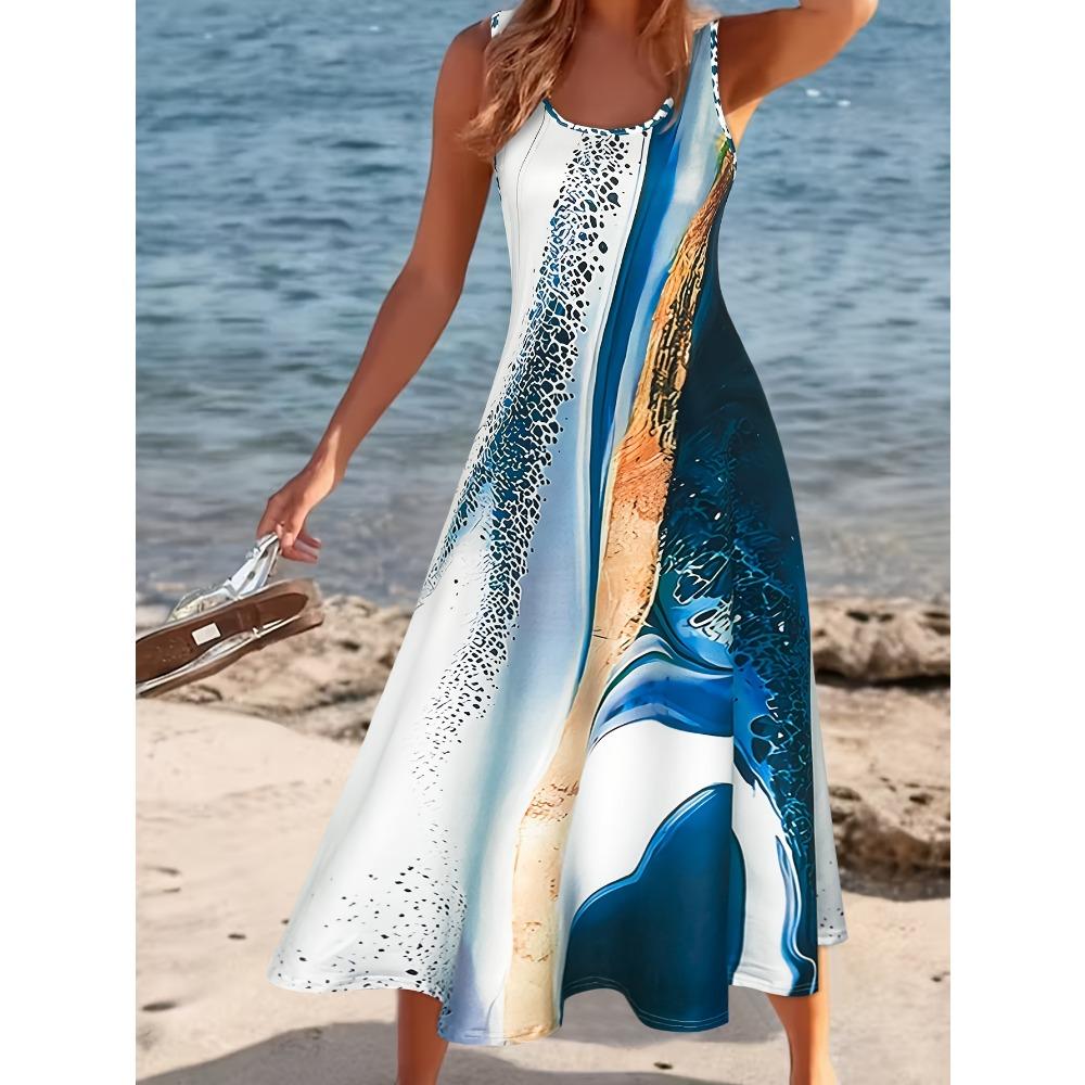 Women s Abstract Marble Print Sleeveless Midi Dress Summer Casual Scoop Neck A Line Flowy Beach Sundress Vacation Dress S