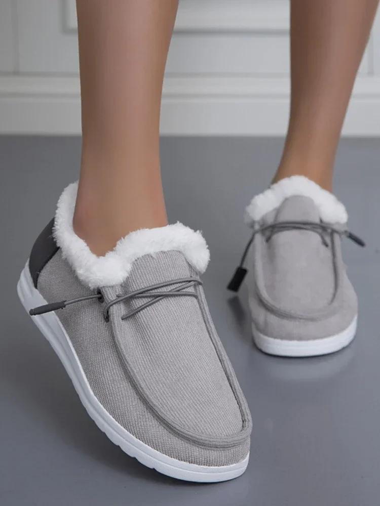 Women Flat Plush Single Shoes Female Canvas Flats Women Autumn Winter New Fashion Comfortable Casual Shoes Plus Size 36-43
