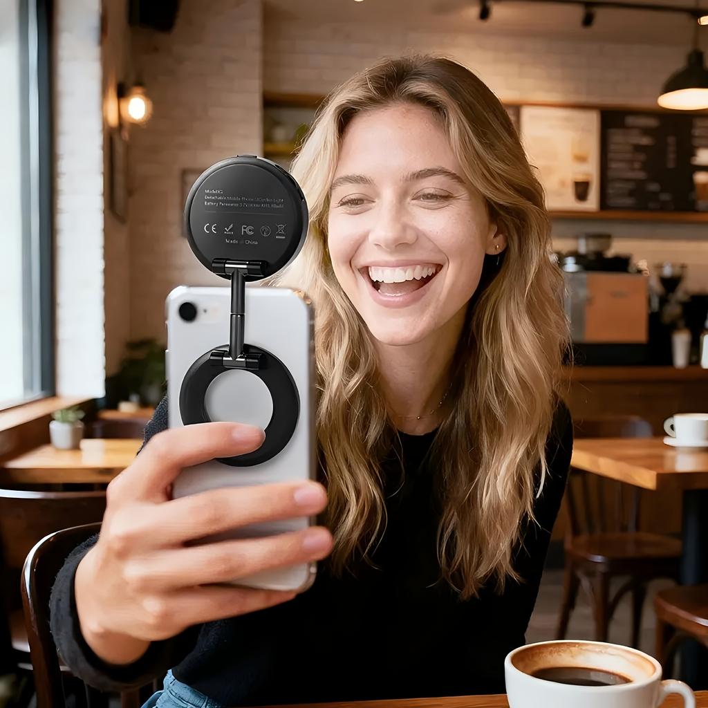 Magnetic Selfie Light, iPhone MagSafe-Compatible Phone Light. 360° LED Selfie Ring Fill Light with Foldable Stand and Mirror