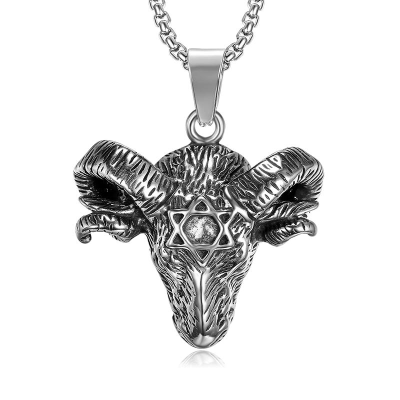 Vintage Sheep Head Pendant Necklace for Men Women GIft Stainless Steel Punk Hip Hop Animal Amulet Gothic Pentagram Goat Jewelry