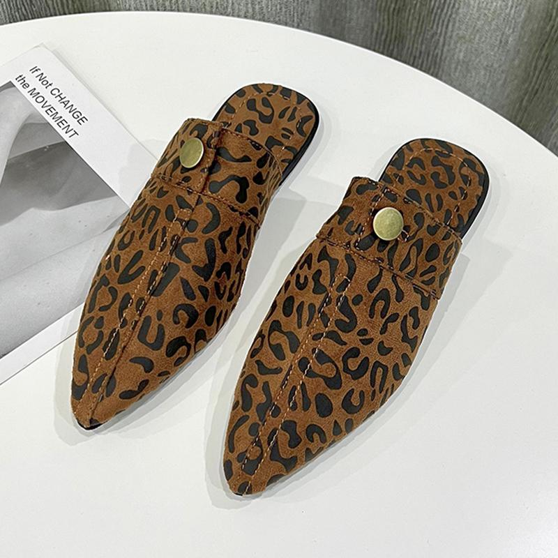 Leopard Women Slippers Flats Pointed Toe Mules Shoes Slingback Sandals Woman 2025 New Cowboy Designer Mujer De Zapatos
