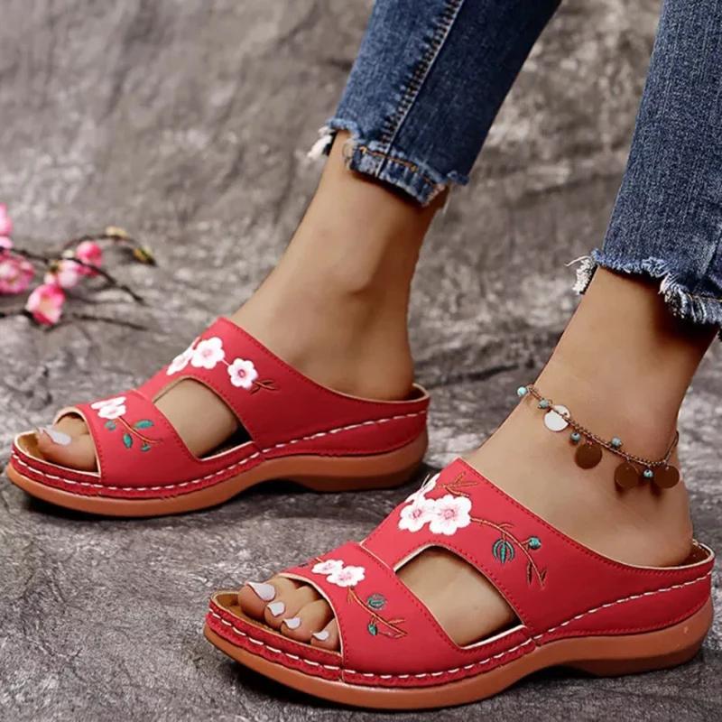 Women Embroidery Slide Sandals Vintage Embroidery Design PU Leather Slipper Gift for Christmas Birthday New Year
