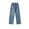 Women's Retro Ripped Wide-Leg Jeans, Slimming High-Waisted, Autumn 2025 Arrival, Washed Blue.