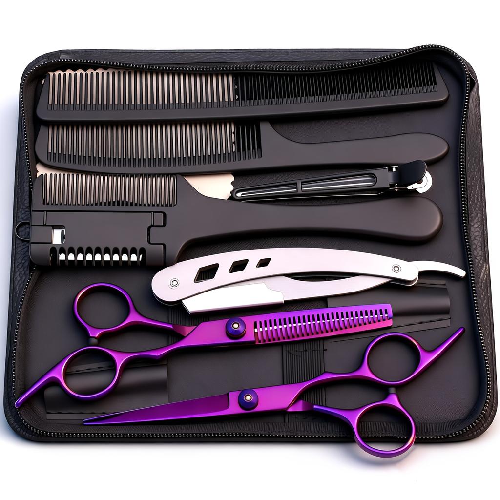 6 Inch All-in-One Professional Hair Cutting Kit Complete Salon Scissors Set with Straight Thinning Shears Styling Comb Case for Home Haircuts