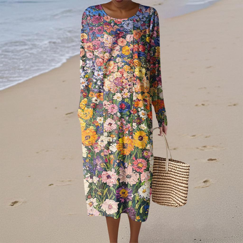 Damenmode Lässig Langarm Blumendruck Rundhals Tasche Elegant Temperament Kleid