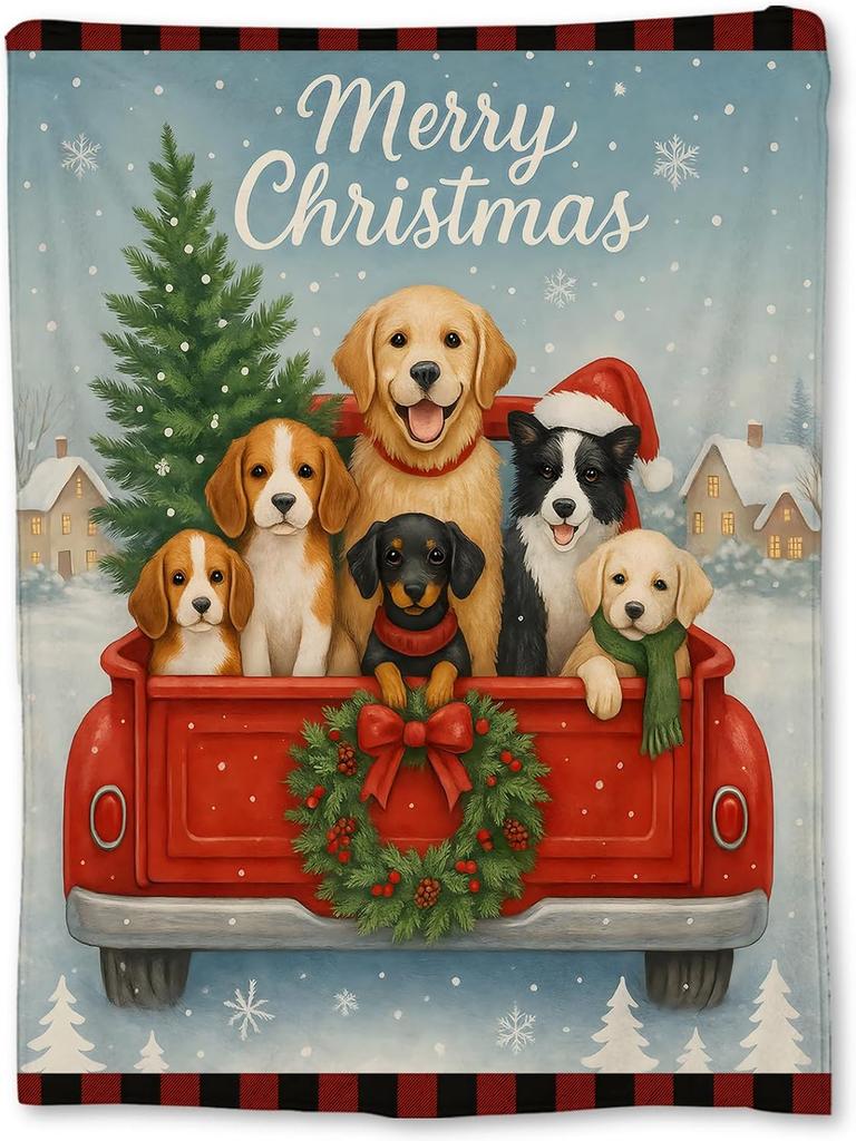 Christmas Dogs Blanket, Soft Lightweight Flannel Cute Puppies in Red Truck Throw Blanket for Couch, Bed, Travel & Home Decor