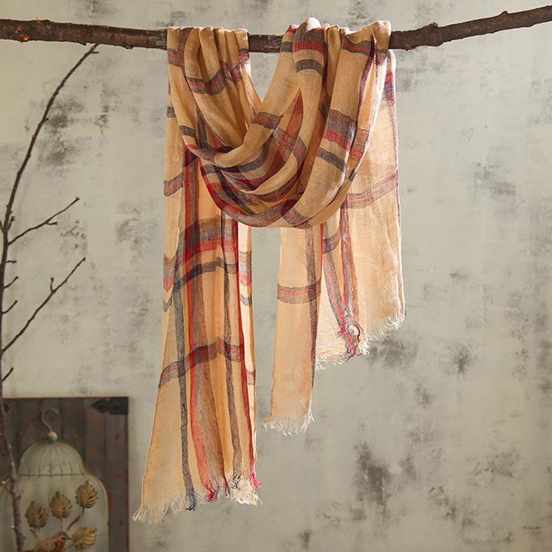 Pure Linen Plaid Scarf Women'S Light And Breathable Japanese Sweet Style Women'S Shawl Silk Scarf