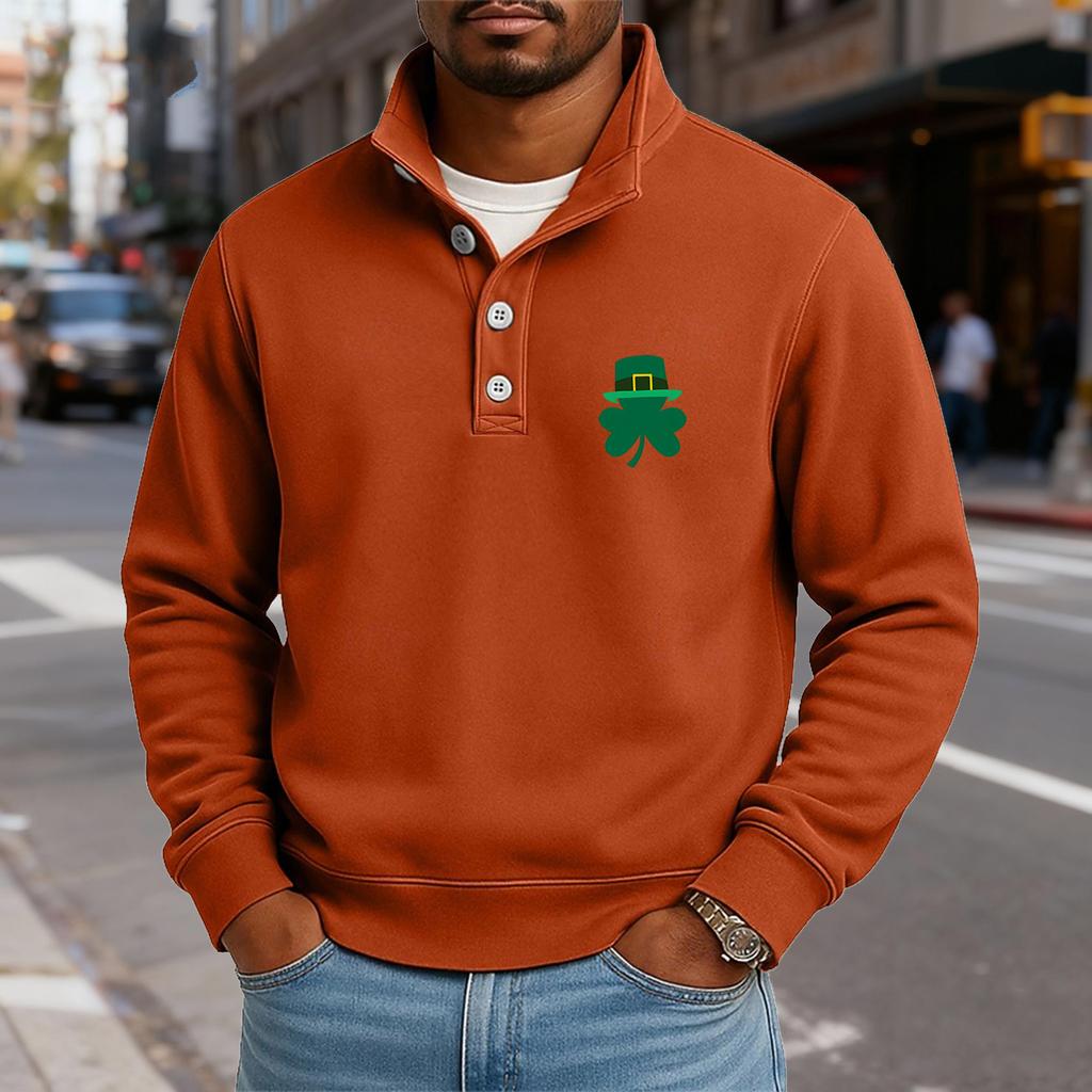 Men's Casual Stand-Up Collar Long-Sleeve Top Print Button-Down Sweatshirt