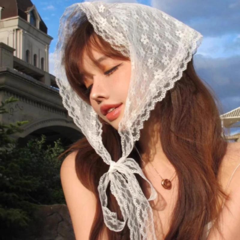 Elegant Lace Floral Hair Scarf Women Triangle Headscarf Lace Up Neck Scarf Lace Flower Sunscreen Travel Photo Pastoral Headbands