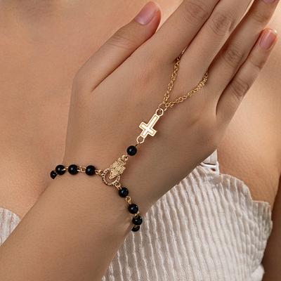 Women's Cross Finger Bracelet, Religious Style Beaded Back Hand Chain, Dark Style Niche Accessory