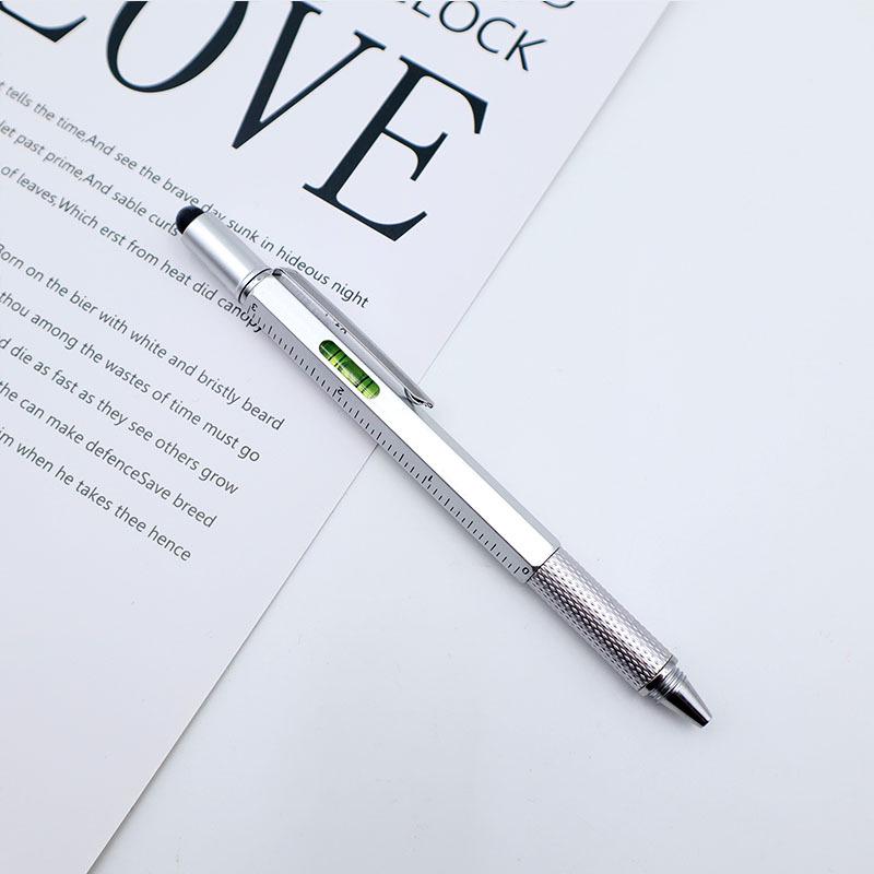 Multifunktionaler 6-in-1 Metall-Werkzeugstift mit Wasserwaage, Lineal, Stylus, Schraubendreher und Kugelschreiber – Kundenspezifisches Logo verfügbar.
