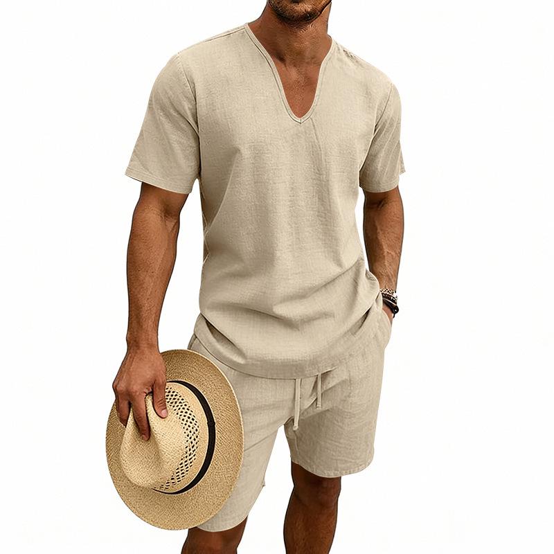 Men's Linen V-Neck Short Sleeve T-Shirt and Shorts Set - Solid Color Beach Casual Wear