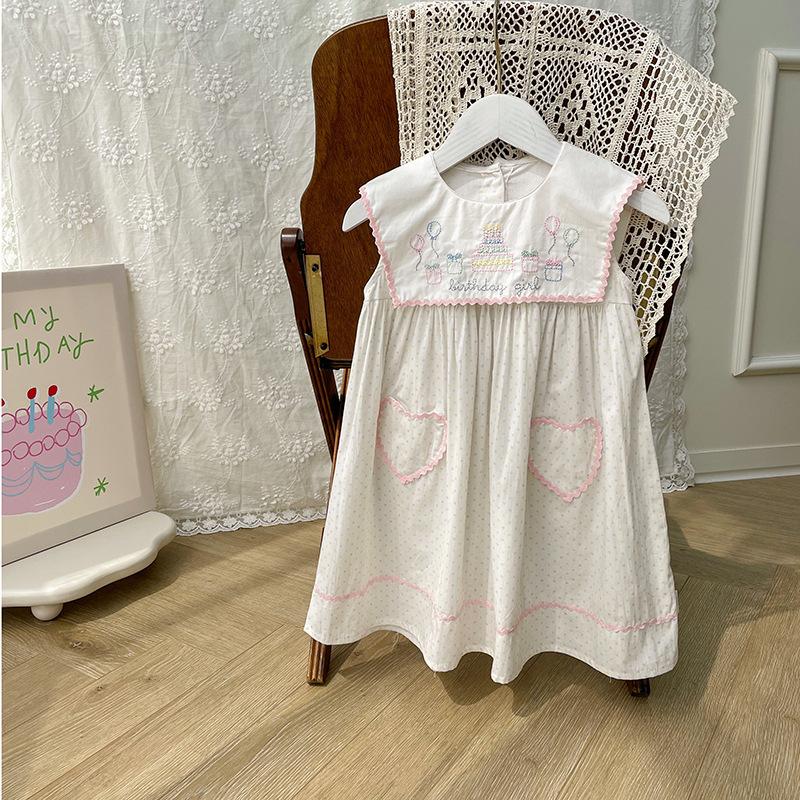 Girls Summer Heavy Embroidery Collar Colorful Polka Dot Birthday Dress Cute Baby Party Dress 140cm