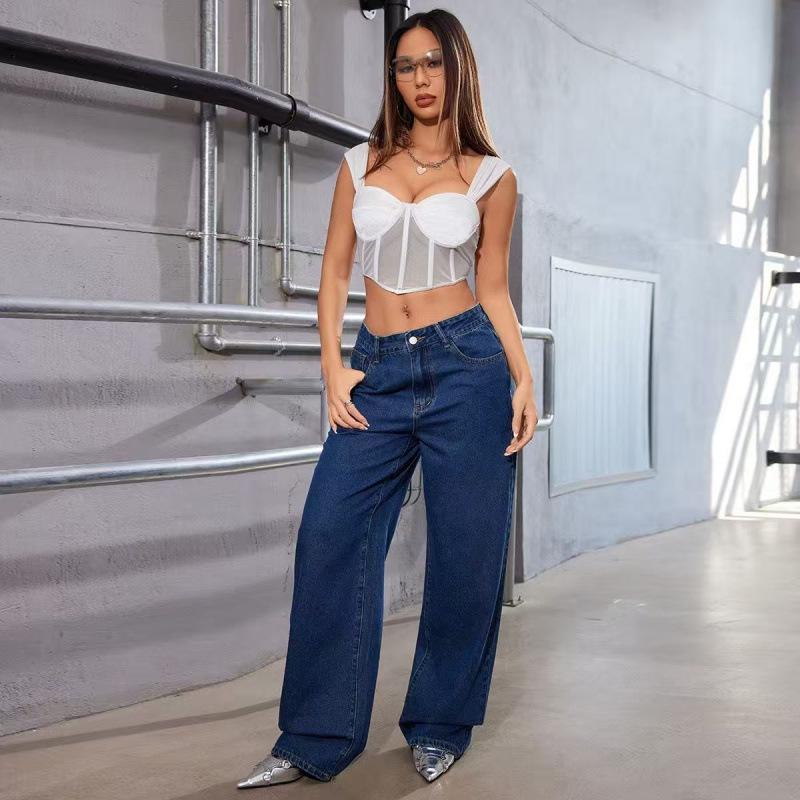 Multicolor European & American High-Waisted Loose Wide-Leg Floor-Length Casual Jeans for Women