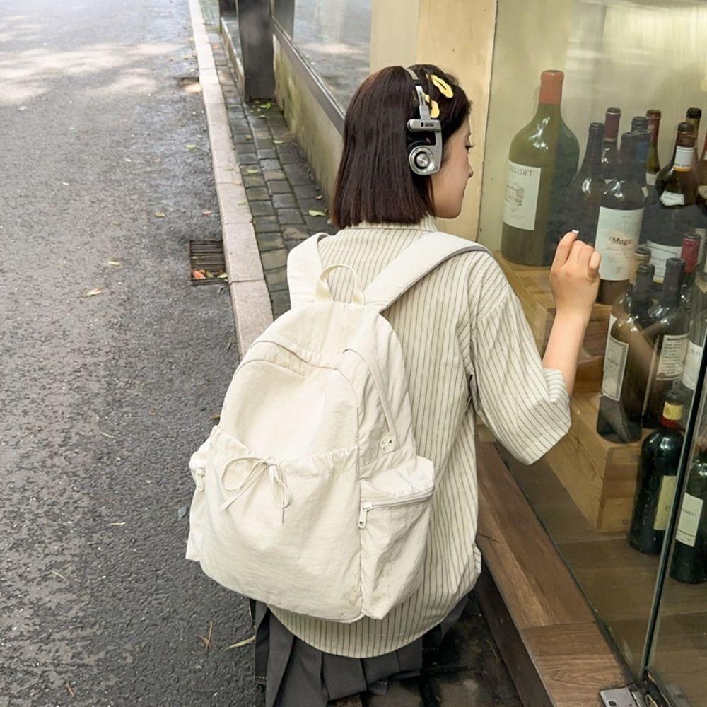 Sweet Nylon Lightweight Backpack Solid Color Travel Shoulders Bag Bow Wrinkle Backpack Women