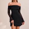 Autumn and Winter New One-word Shoulder Mesh Yarn Milk Silk Dress, Sexy Backless Horn Long-sleeved Split Skirt