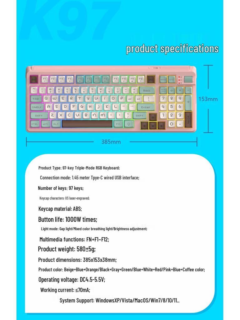 Panson K97 Dreifarbige leuchtende Gaming-Kabeltastatur - Mechanisches Gefühl für Desktop-Computer.