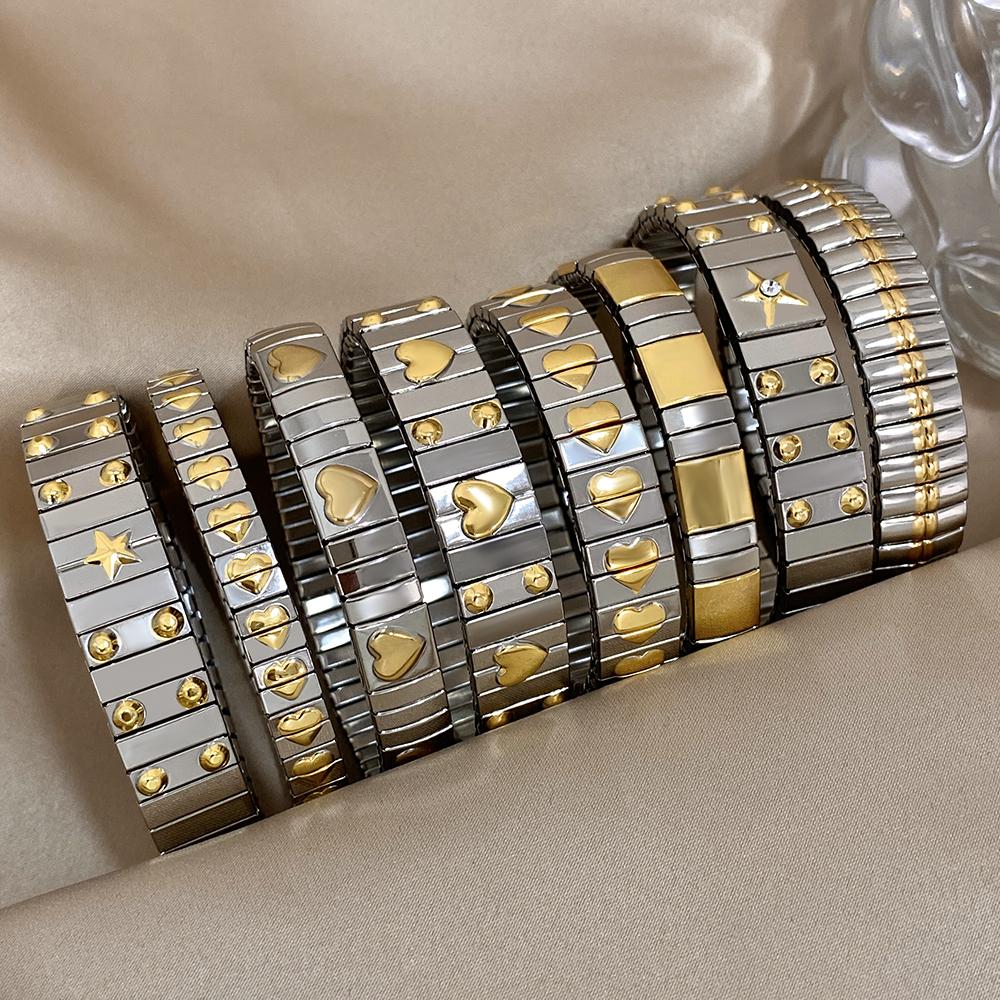 AENSOA Vintage Elastizität Edelstahl Armreifen Armband für Damen Klassisch Herz Quadrat Verstellbares Armband Wasserdichter Armreif