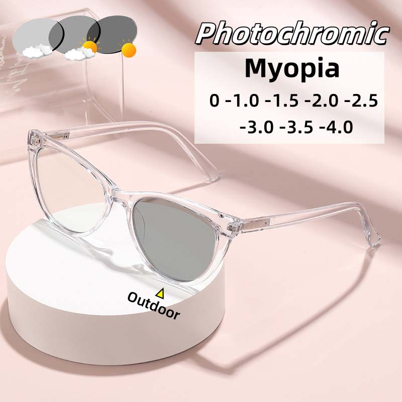 Retro Cat Eye Photochromic Myopia Glasses Fashionable Ultra Light Anti Blue Light Spring Leg Glasses Stylish Women Eyewear