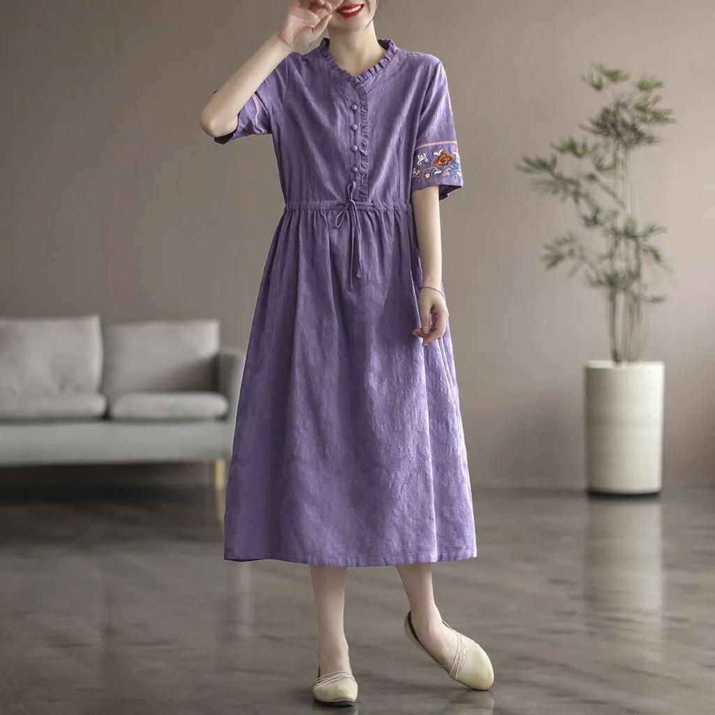 2025 Summer Washed Cotton Dress - Embroidered Midi Dress with Drawstring, Slim Fit Short Sleeve Linen Blend Dress, Boho Chic Casual Women's Outfit