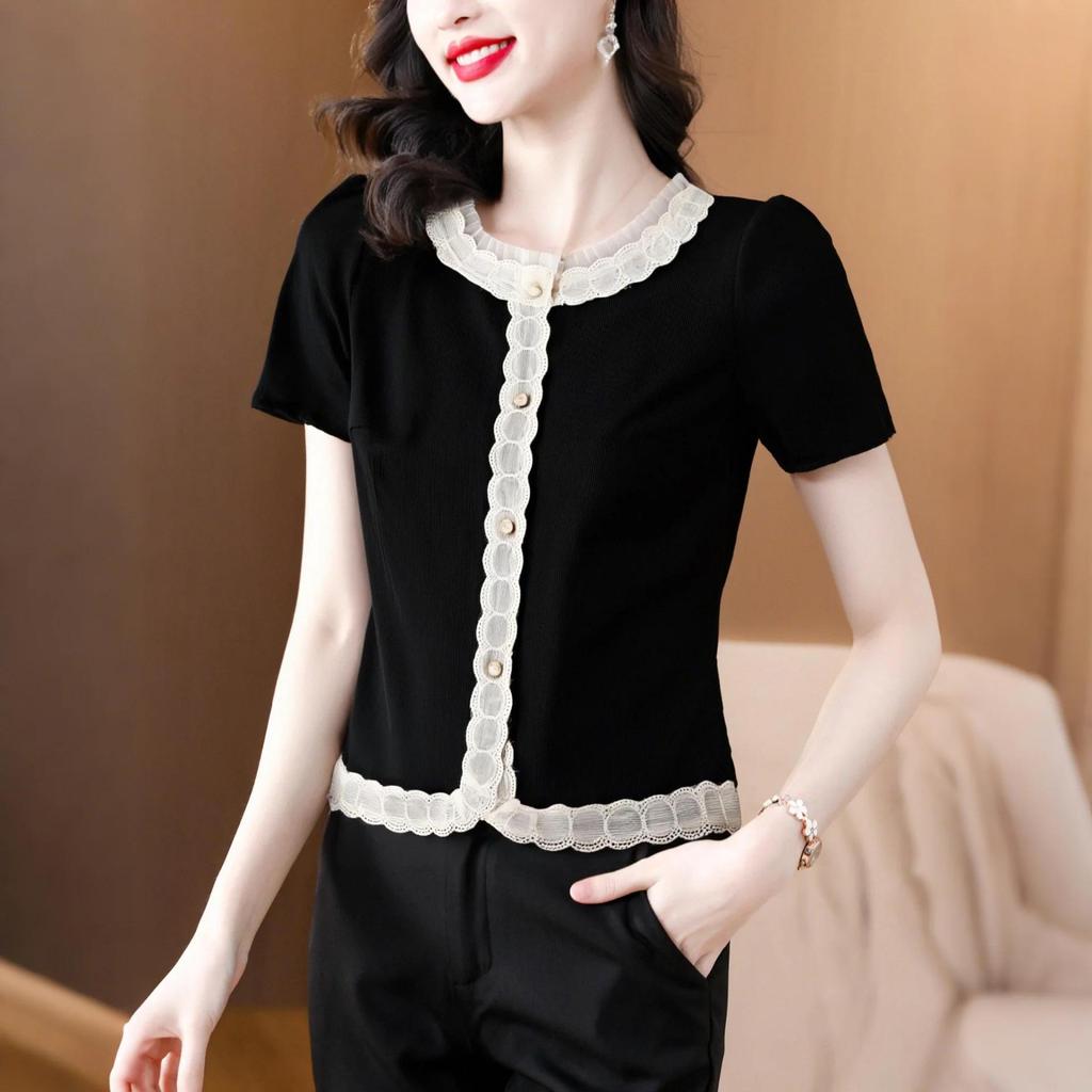2025 Sommer Patchwork Spitzenbesatz Damen Schlankmachende Bauchbedeckende Bluse - Kurzarm Süßes Oberteil