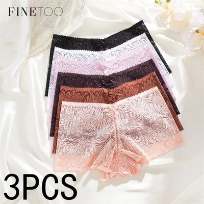 FINETOO 3 Stück Damen Spitze Floral Boyshort Sexy Hollow Out Unterwäsche Niedrige Taille Atmungsaktive Slips Mädchen Weiche Transparente Lingerie
