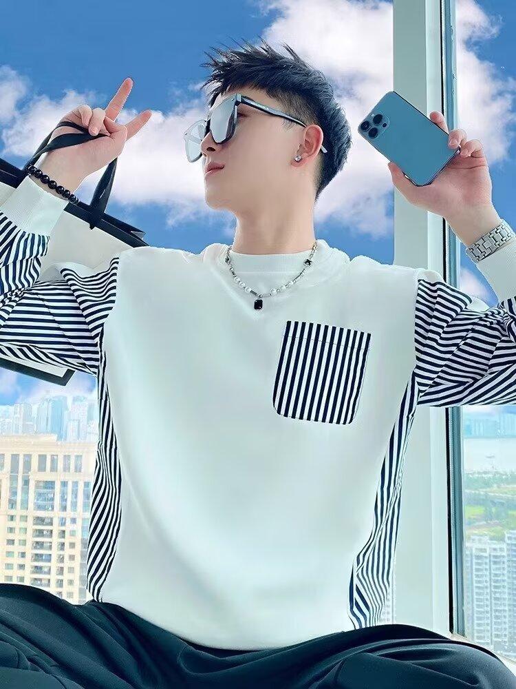Striped patchwork sweatshirt men's spring and autumn Korean style new round neck loose top chic Hong Kong style trend