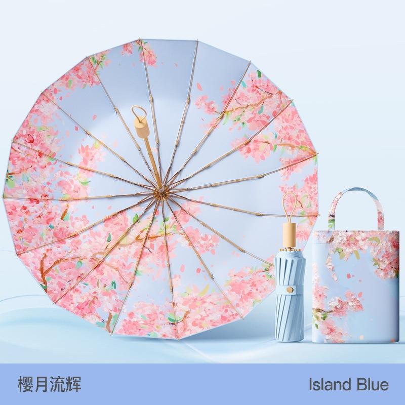 Spot three-fold retro color glue printed 16-bone parasol female weather and rain dual-purpose anti-ultraviolet folding sun umbrella