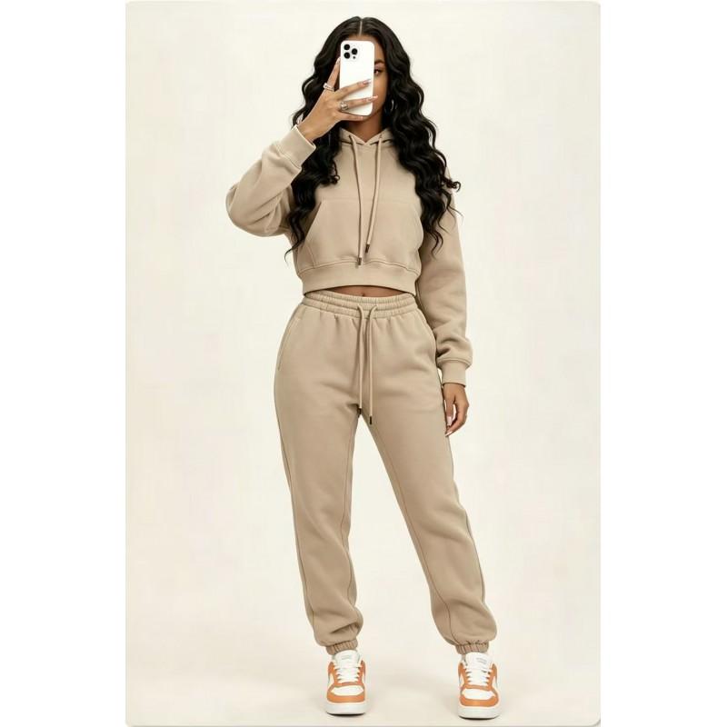 Womens European Style Hooded Sweatshirt Set Fleece Lined Casual Streetwear 2-Piece