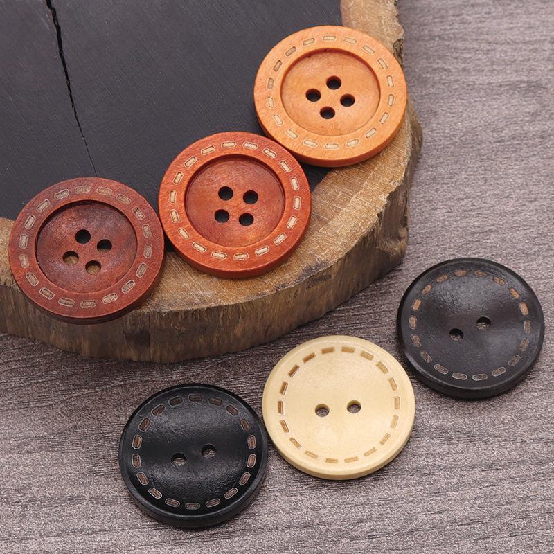 Laser-Dotted Retro Wooden Coat Buttons - Natural Wood Wide Edge for Shirt, Cardigan, or Trench Coat