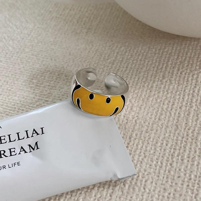 Stylish Korean Yellow Smiley Face Ring For Women Adjustable Geometric Design Fashionable